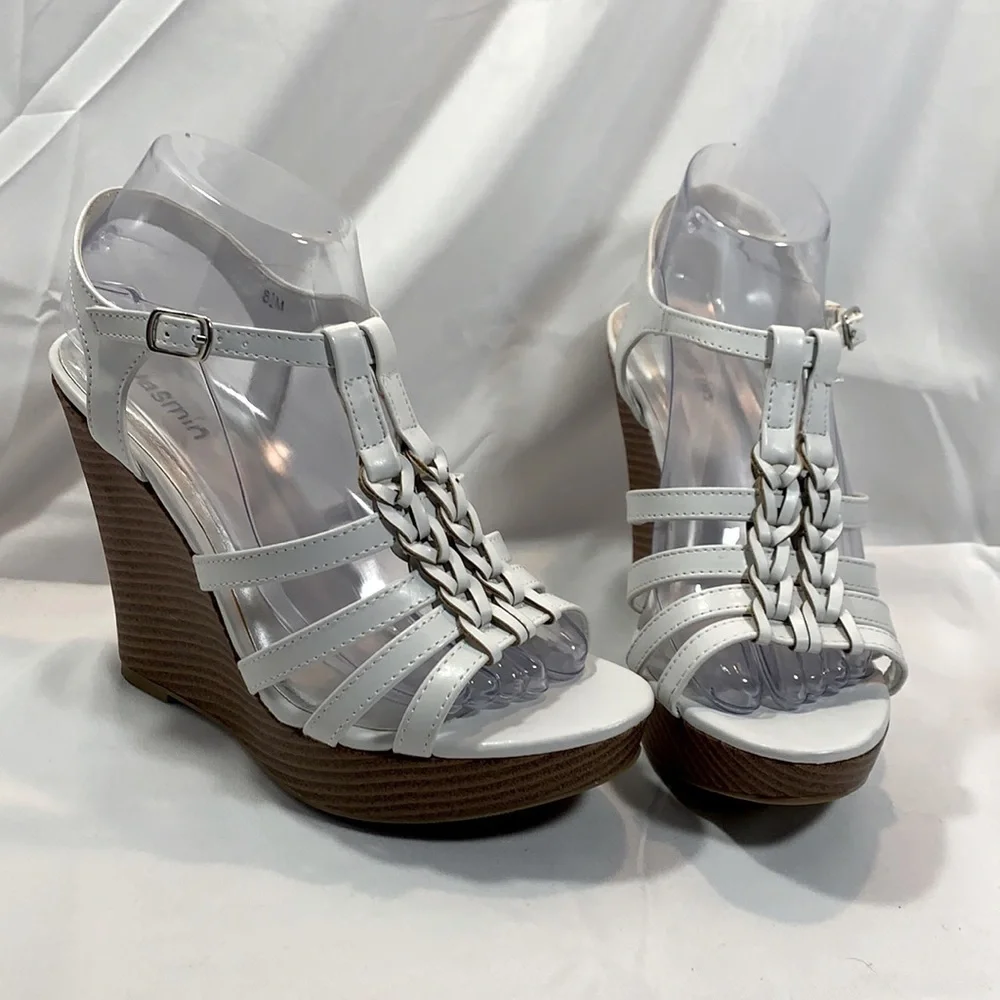 Jasmin White Wedge Strappy Sandal.